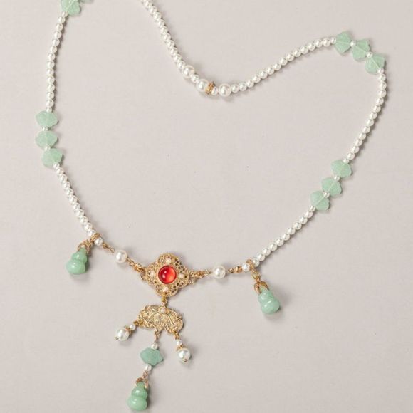 Jade Beaded Necklace w/ Tassel | Women Handmade Retro Lucky Charm Pendant #1282 - Picture 4 of 5